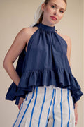 Halter Neck Sleeveless Back Neck Tie Ruffle Top
