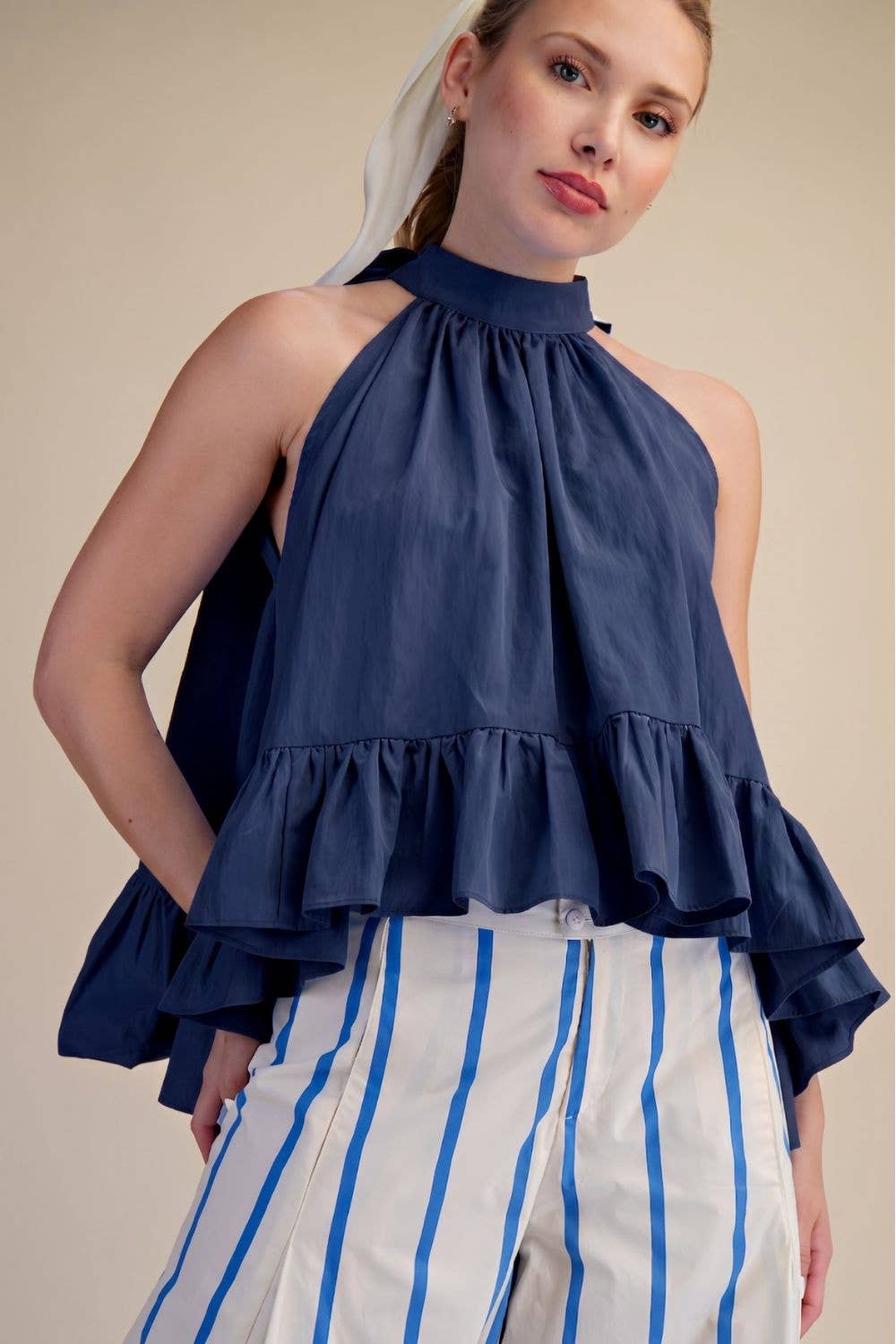 Halter Neck Sleeveless Back Neck Tie Ruffle Top