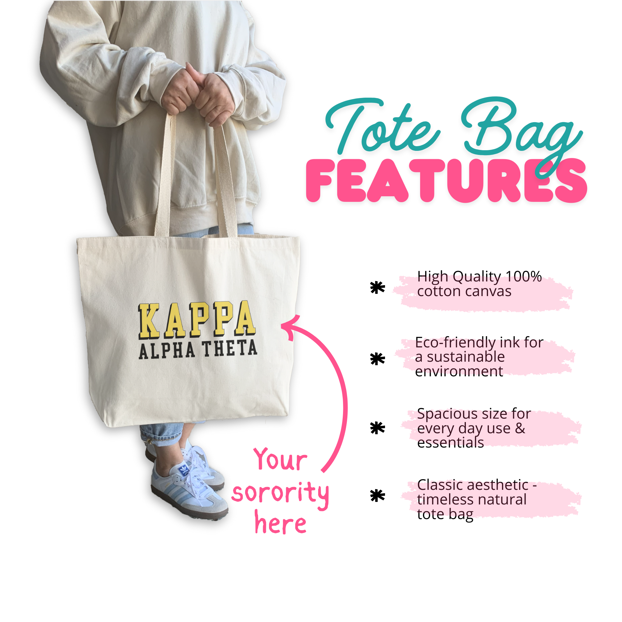 3D Sorority Name Printed on a Large Cotton Canvas Tote Bag