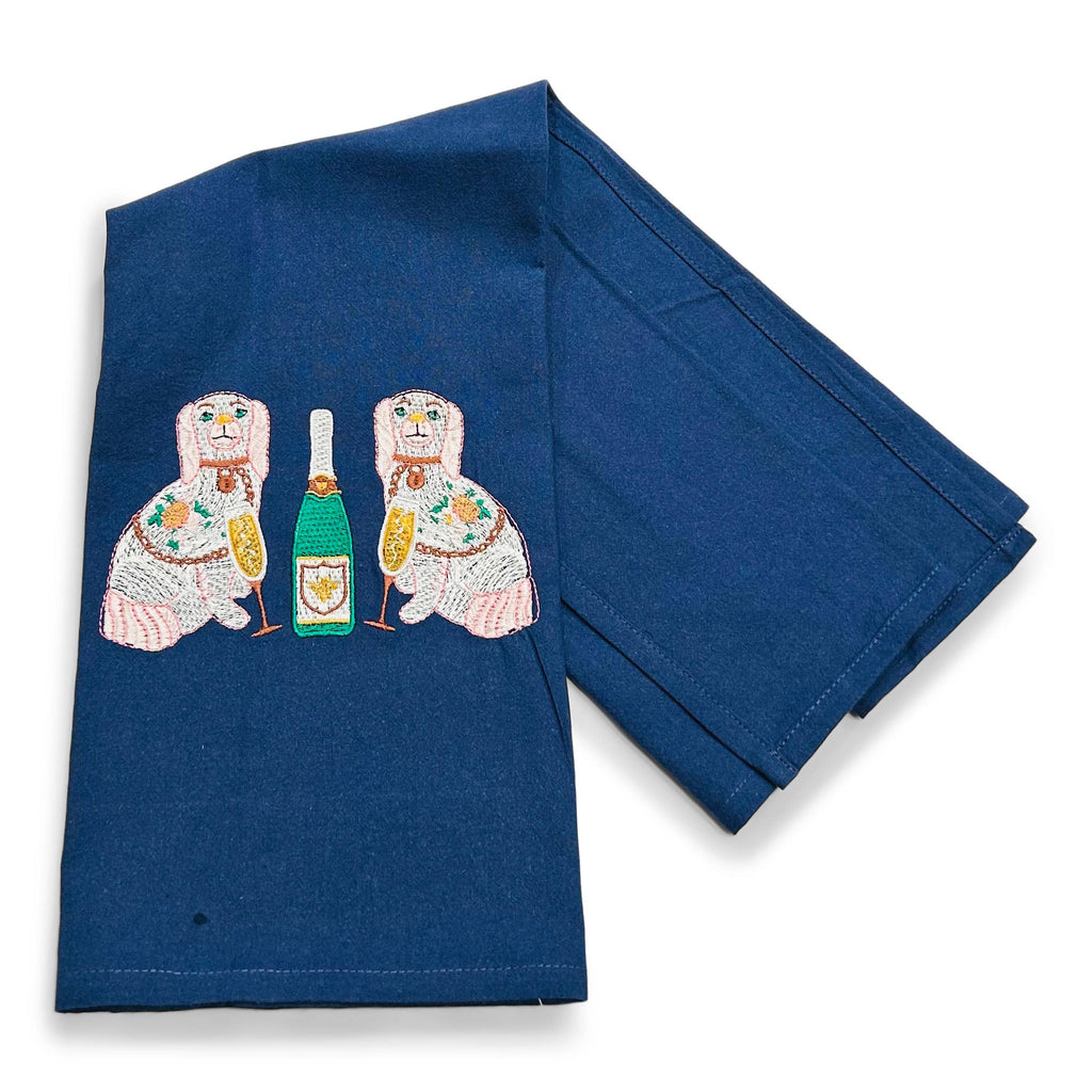 Towel - Chinoiserie Dogs with Champagne Bottle on navy