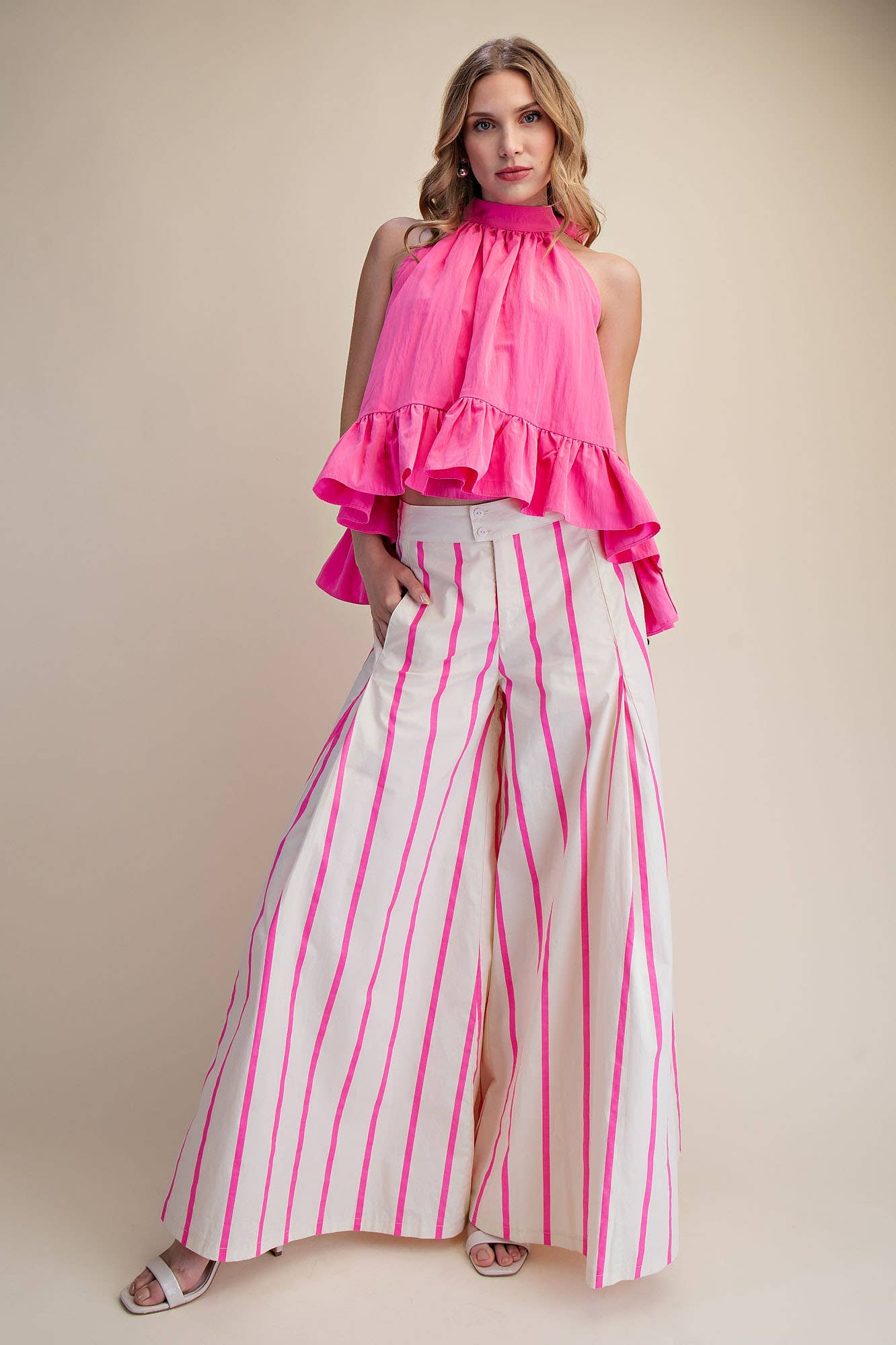 High Waist Wide-Leg Pop Color Stripe Pants