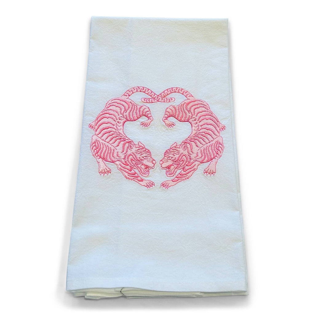 Towel - Twin Tigers Chinoiserie - Pink on white