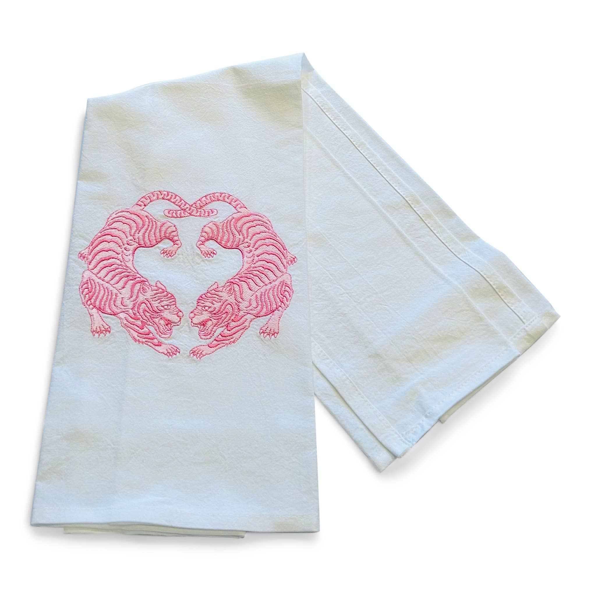 Towel - Twin Tigers Chinoiserie - Pink on white