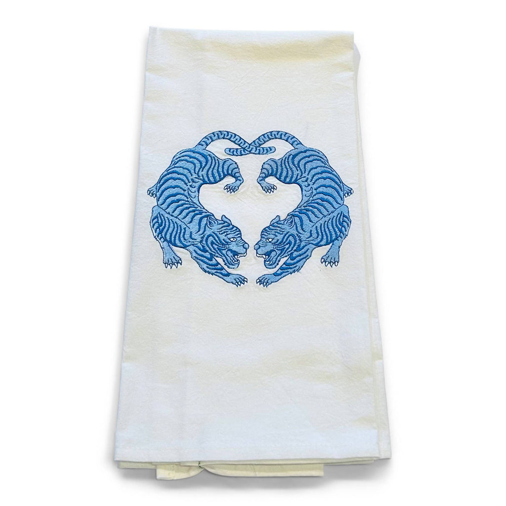 Towel - Twin Tigers Chinoiserie - Blue on white