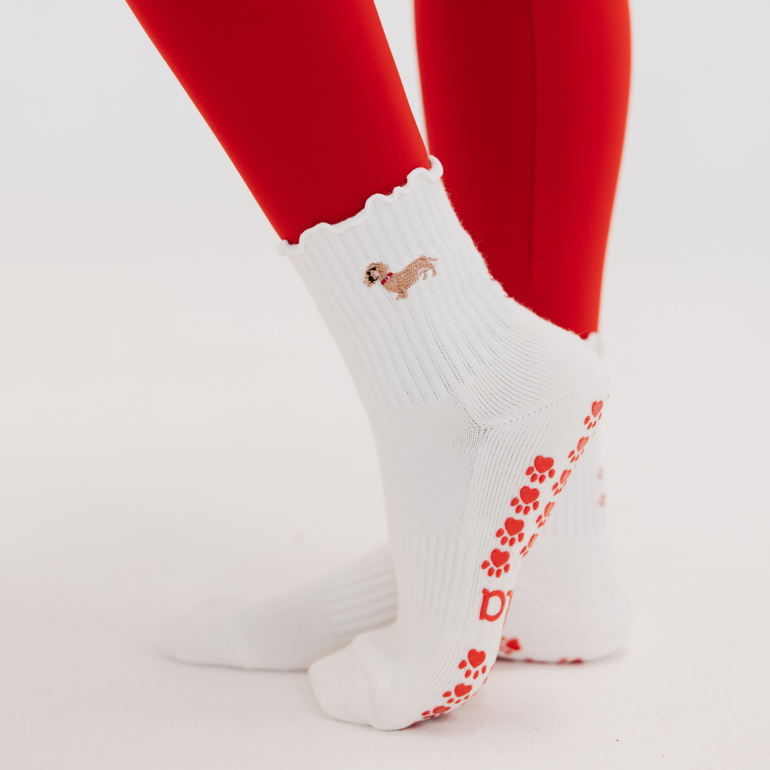 Dachshund Embroidered Pilates Socks Red Paw Grips