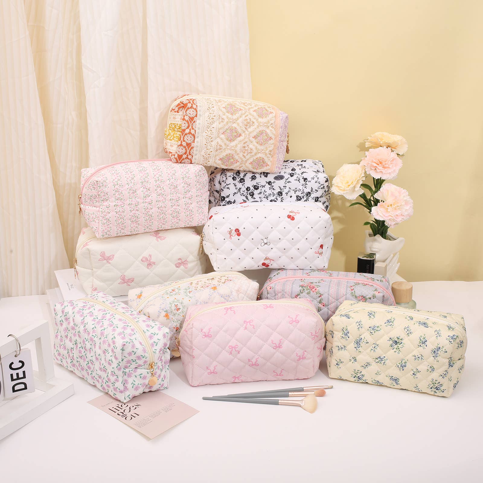 Cottagecore Floral & Bow Quilted Makeup Bag