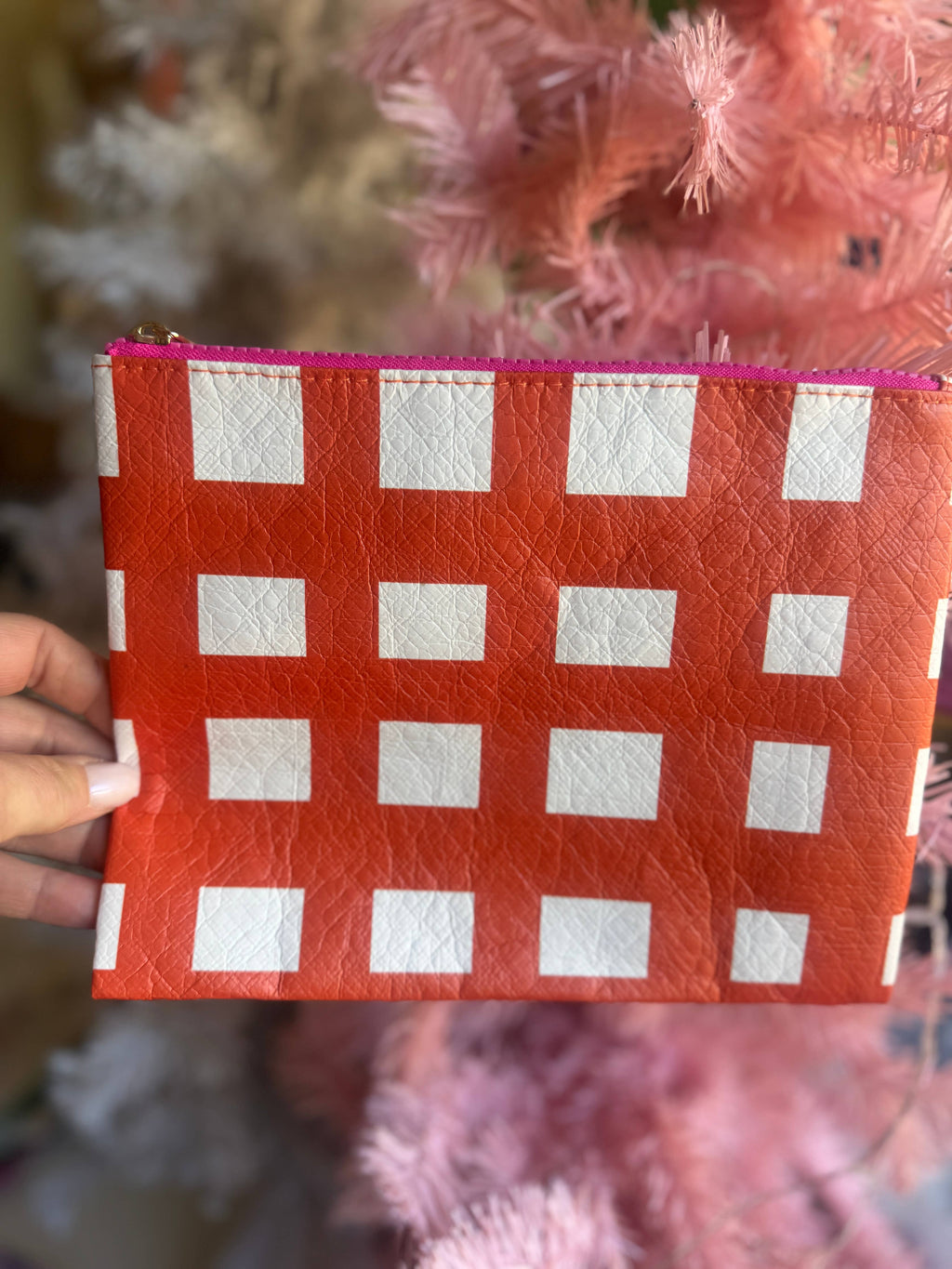 Red & Pink Check Flat Zip | gift with purchase giveaway bag