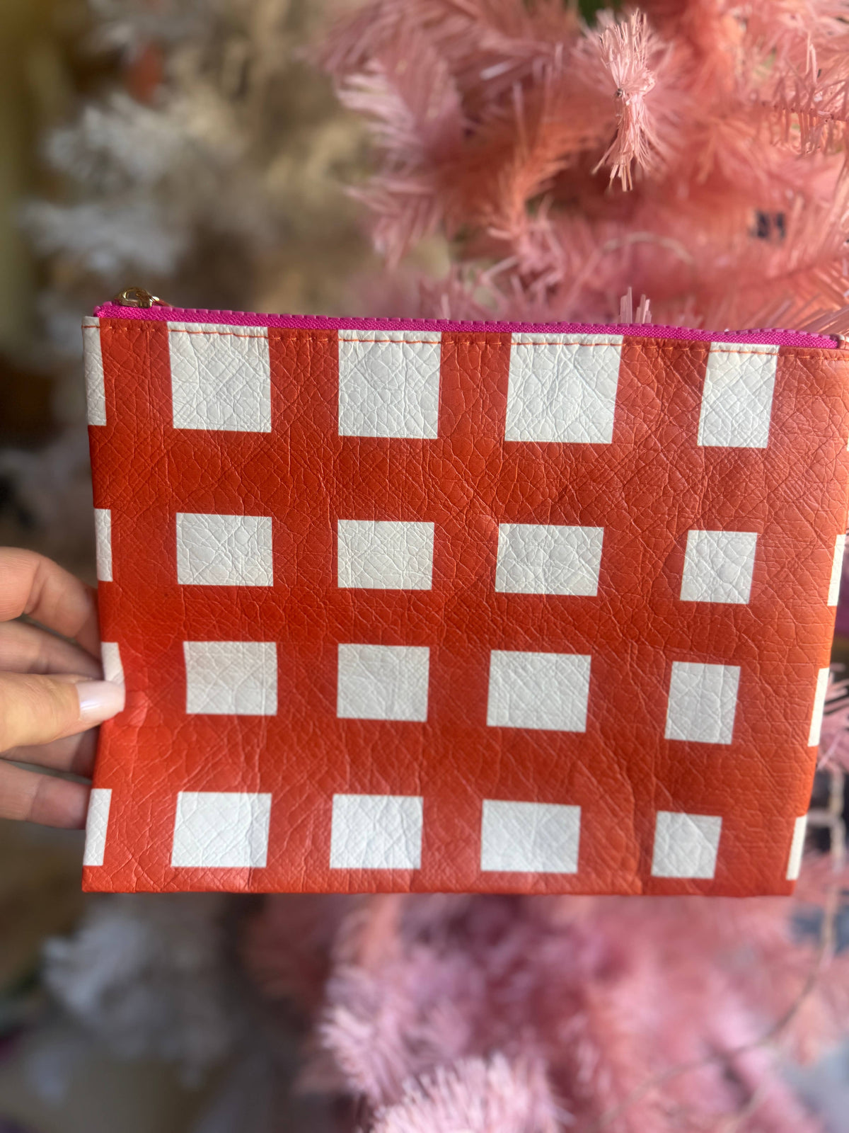 Red & Pink Check Flat Zip | gift with purchase giveaway bag