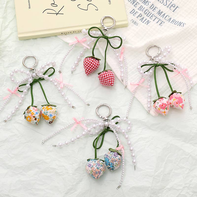 Floral 3D Strawberry Pearl Chain Keychain