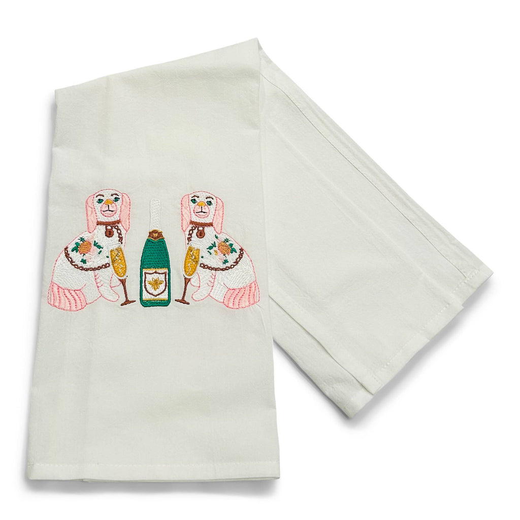 Towel - Chinoiserie Dogs with Champagne Bottle on white