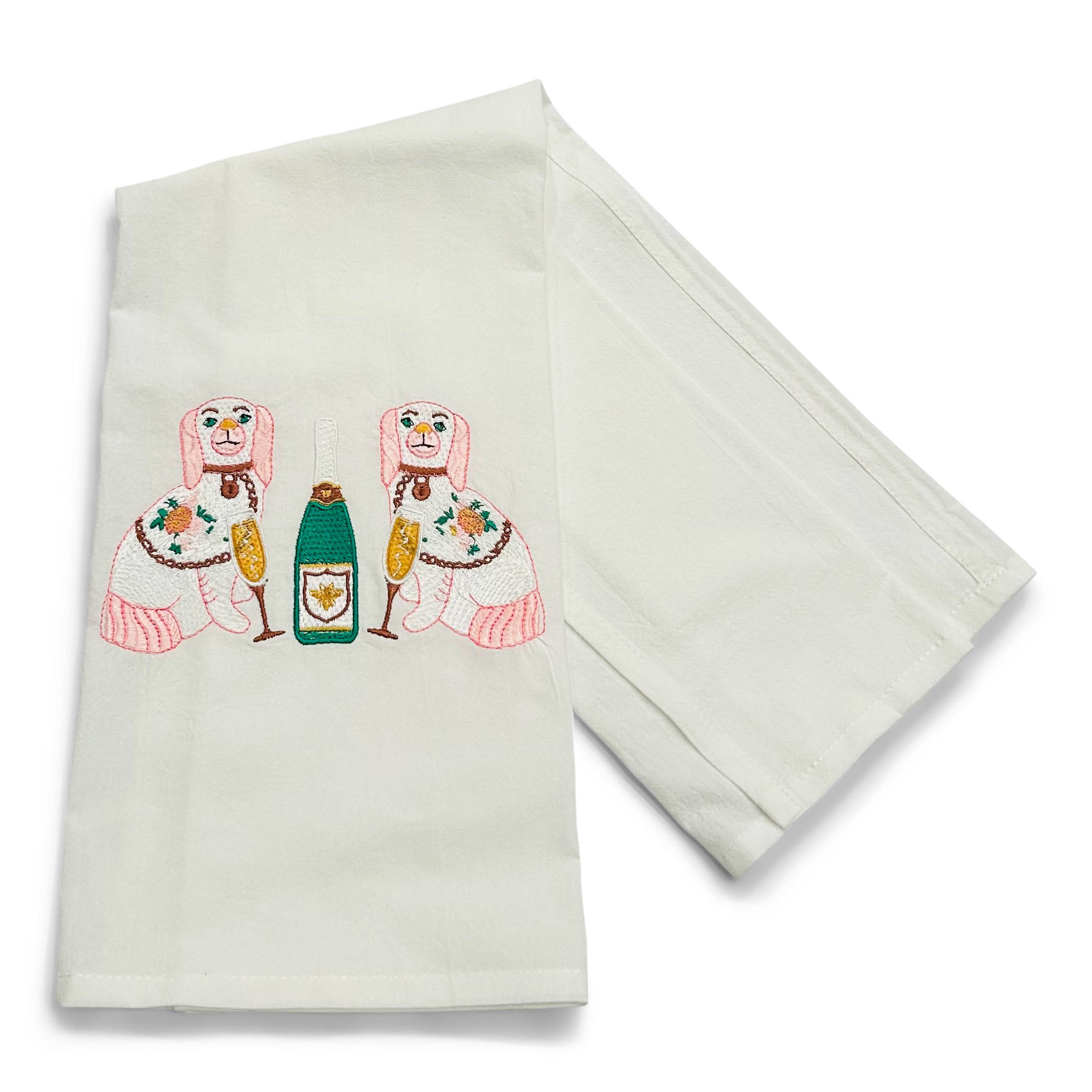 Towel - Chinoiserie Dogs with Champagne Bottle on white